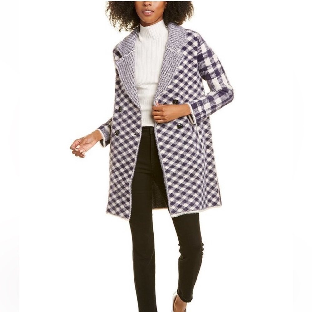 NWT NVLT CHECKERED PRINTED SOFT COATIGAN NAVY/WHITE WOMEN’S LARGE - Picture 2 of 16